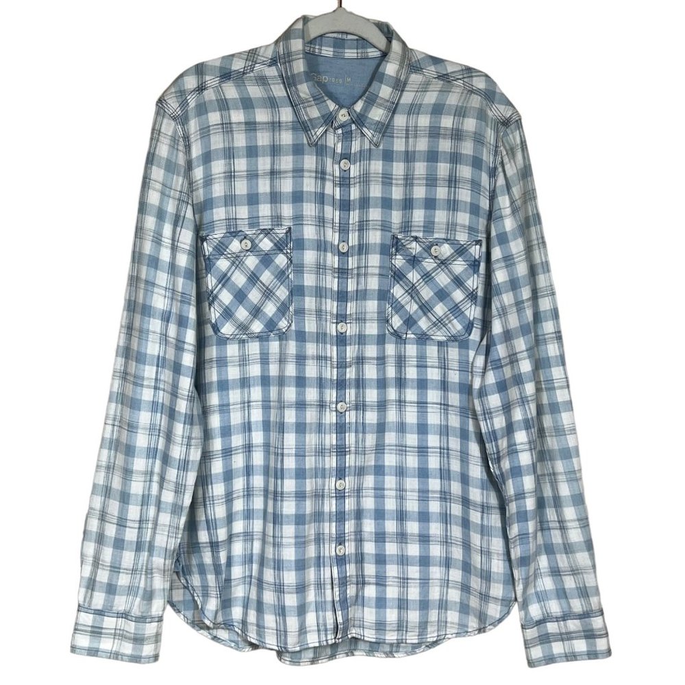 Gap 1969 Men’s Icon Worker Shirt Bleached Indigo Plaid‎ Medium NEW